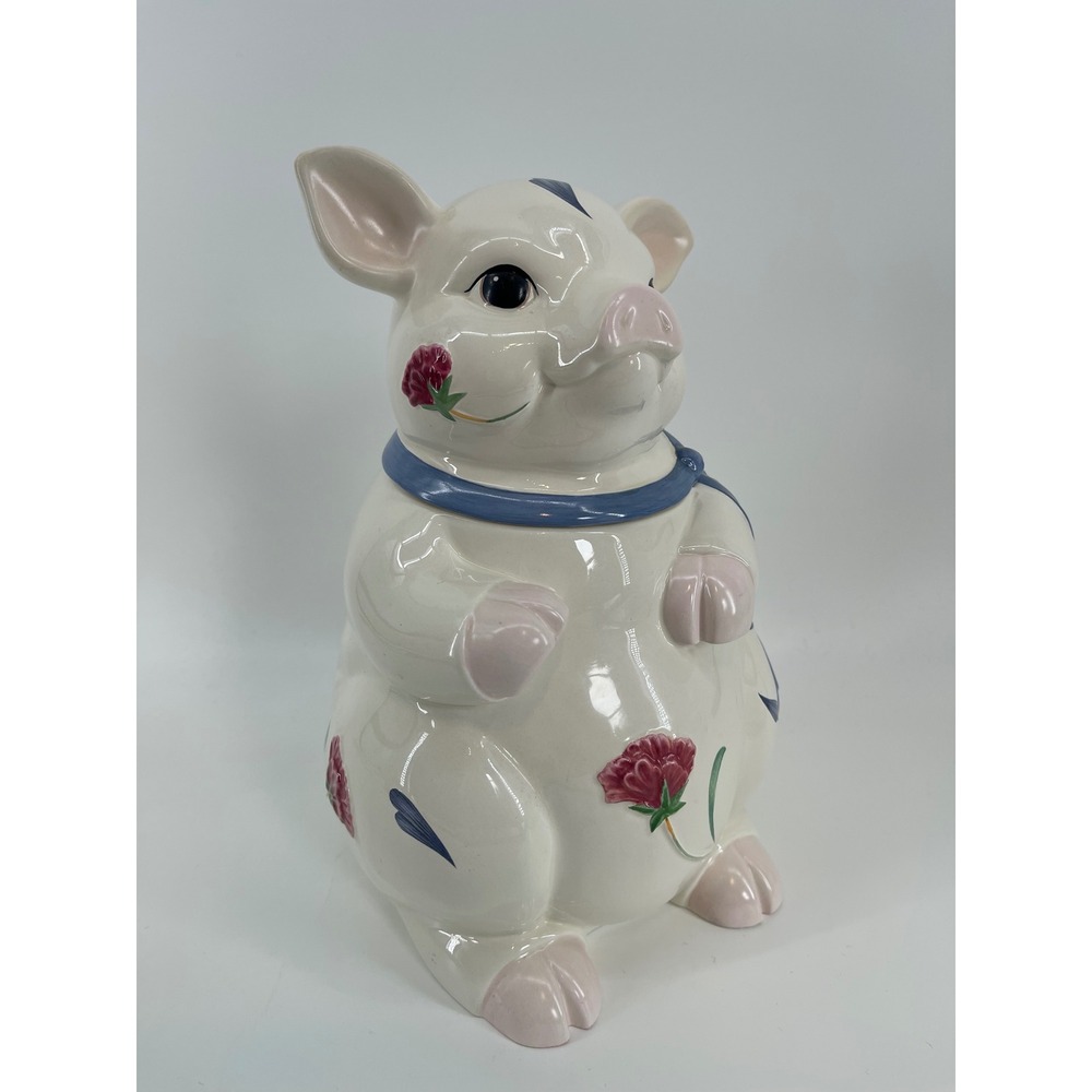 Lenox Poppies on Blue Pig Cookie Jar Poppies Barnyard White Blue Cottagecoe